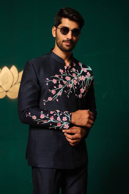 Buy_Niloufer By Aasif Ally_Navy Silk Embroidery Hand-painted Floral Bandhgala And Pant Set _Online_at_Aza_Fashions