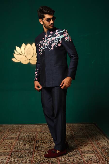 Shop_Niloufer By Aasif Ally_Navy Silk Embroidery Hand-painted Floral Bandhgala And Pant Set _Online_at_Aza_Fashions