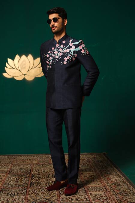 Niloufer By Aasif Ally_Navy Silk Embroidery Hand-painted Floral Bandhgala And Pant Set _at_Aza_Fashions