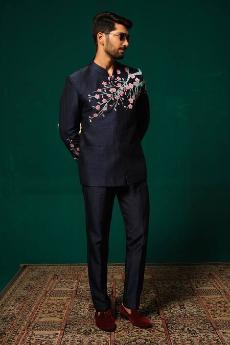 Buy_Niloufer By Aasif Ally_Navy Silk Embroidery Hand-painted Floral Bandhgala And Pant Set 