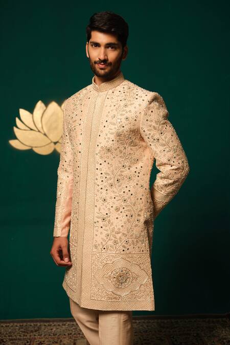 Niloufer By Aasif Ally_Peach Silk Cut Work, Zari, Mirrors, Dana Zardozi And Handwork Sherwani Set _Online_at_Aza_Fashions