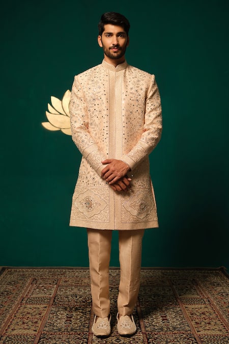 Niloufer By Aasif Ally Cut Dana Zardozi & Mirror Handwork Sherwani Set 