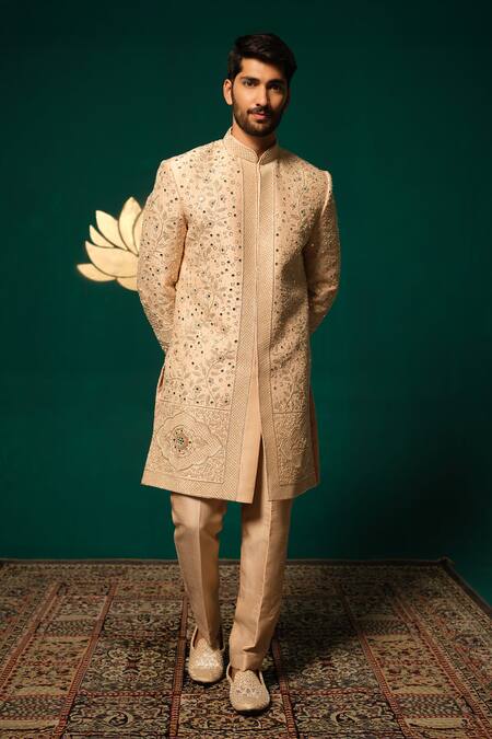 Shop_Niloufer By Aasif Ally_Peach Silk Cut Work, Zari, Mirrors, Dana Zardozi And Handwork Sherwani Set _Online_at_Aza_Fashions