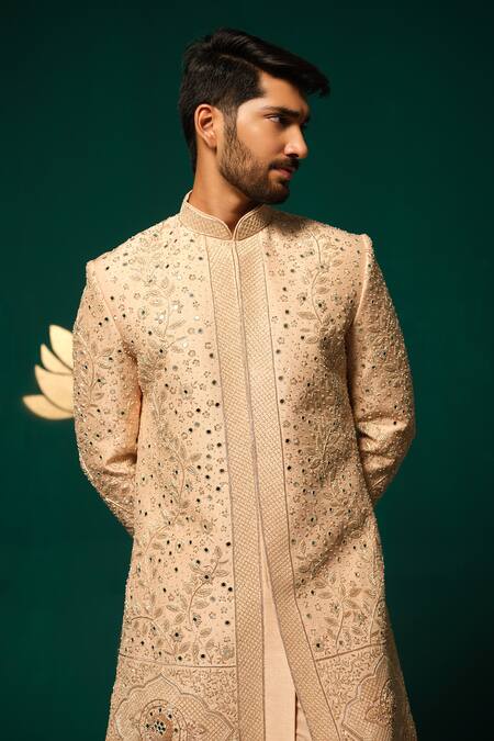 Shop_Niloufer By Aasif Ally_Peach Silk Cut Work, Zari, Mirrors, Dana Zardozi And Handwork Sherwani Set 