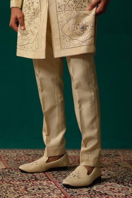 Buy_Niloufer By Aasif Ally_Ivory Silk Embroidery, Stones, Mirrors Cut Dana Zardozi And Handwork Sherwani Set _Online_at_Aza_Fashions