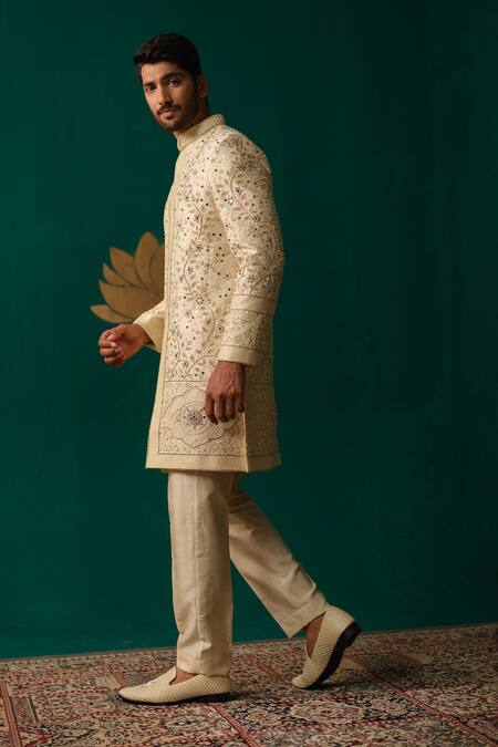 Shop_Niloufer By Aasif Ally_Ivory Silk Embroidery, Stones, Mirrors Cut Dana Zardozi And Handwork Sherwani Set _Online_at_Aza_Fashions