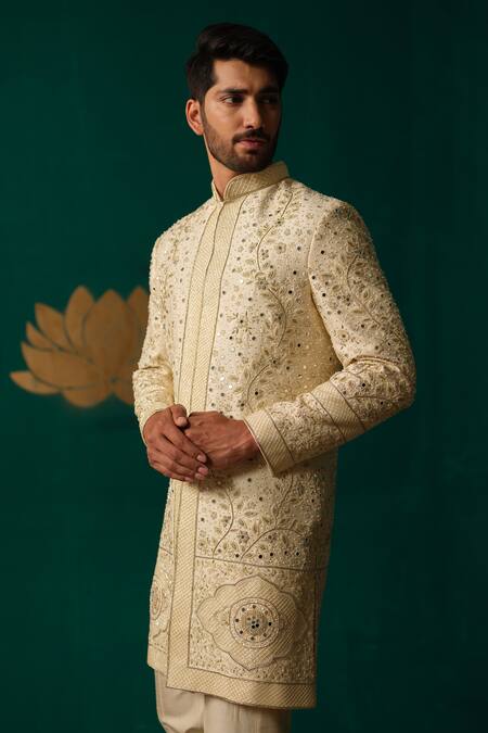 Niloufer By Aasif Ally_Ivory Silk Embroidery, Stones, Mirrors Cut Dana Zardozi And Handwork Sherwani Set _at_Aza_Fashions