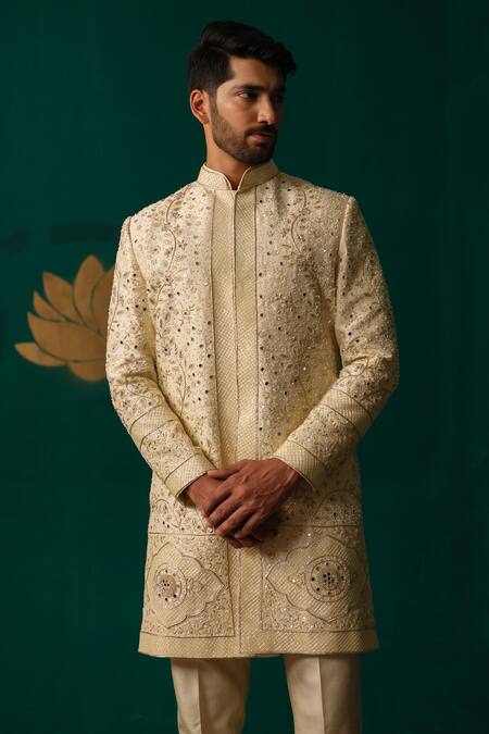 Buy_Niloufer By Aasif Ally_Ivory Silk Embroidery, Stones, Mirrors Cut Dana Zardozi And Handwork Sherwani Set 