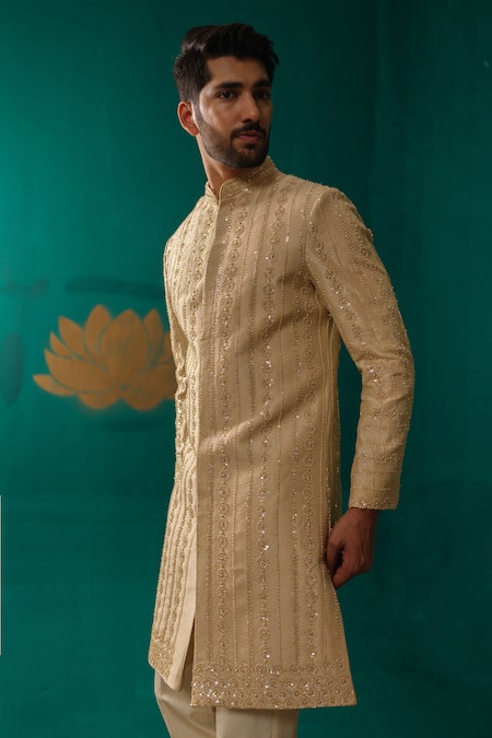 Buy_Niloufer By Aasif Ally_Gold Silk Sequins, Beads, Sequence Moti And Thread Handwork Sherwani Set _Online_at_Aza_Fashions