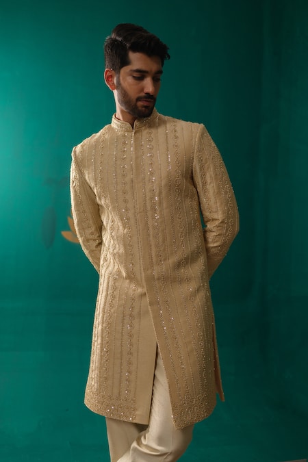 Shop_Niloufer By Aasif Ally_Gold Silk Sequins, Beads, Sequence Moti And Thread Handwork Sherwani Set _Online_at_Aza_Fashions
