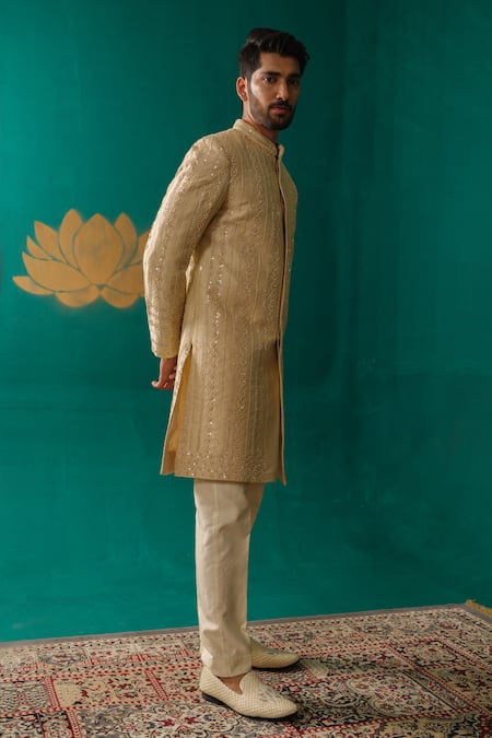 Niloufer By Aasif Ally_Gold Silk Sequins, Beads, Sequence Moti And Thread Handwork Sherwani Set _at_Aza_Fashions