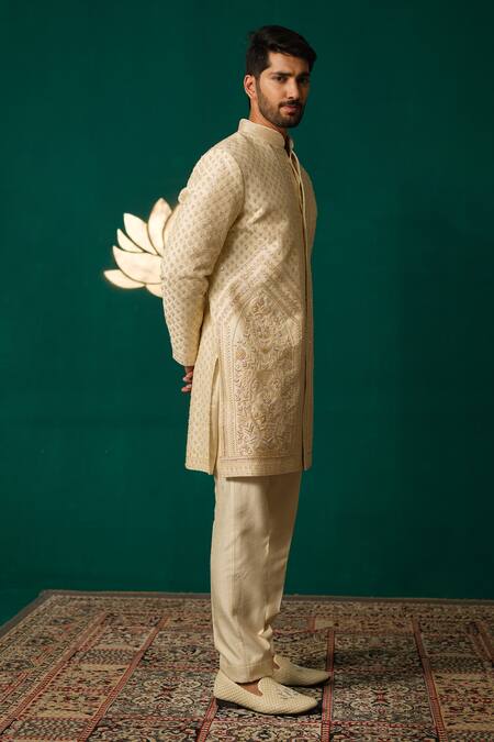 Niloufer By Aasif Ally_Ivory Silk Embroidery, Sequins Cut Dana Zardozi And Sherwani & Pant Set _Online_at_Aza_Fashions