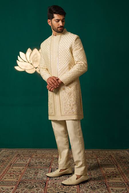 Buy_Niloufer By Aasif Ally_Ivory Silk Embroidery, Sequins Cut Dana Zardozi And Sherwani & Pant Set _Online_at_Aza_Fashions