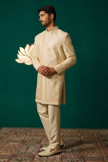 Shop_Niloufer By Aasif Ally_Ivory Silk Embroidery, Sequins Cut Dana Zardozi And Sherwani & Pant Set _Online_at_Aza_Fashions