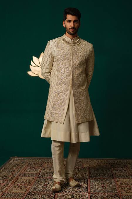 Niloufer By Aasif Ally_Ivory Silk Embroidery, Sequins Zardozi And Sequence Handwork Sherwani Set _Online_at_Aza_Fashions