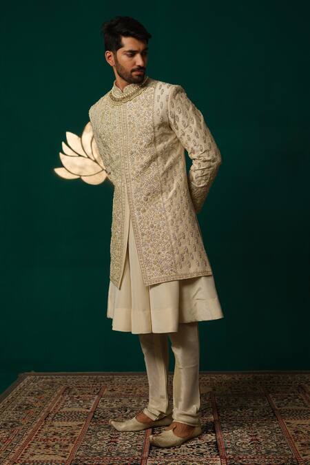 Buy_Niloufer By Aasif Ally_Ivory Silk Embroidery, Sequins Zardozi And Sequence Handwork Sherwani Set _Online_at_Aza_Fashions