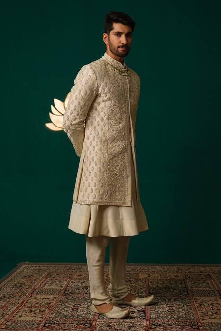 Shop_Niloufer By Aasif Ally_Ivory Silk Embroidery, Sequins Zardozi And Sequence Handwork Sherwani Set _Online_at_Aza_Fashions