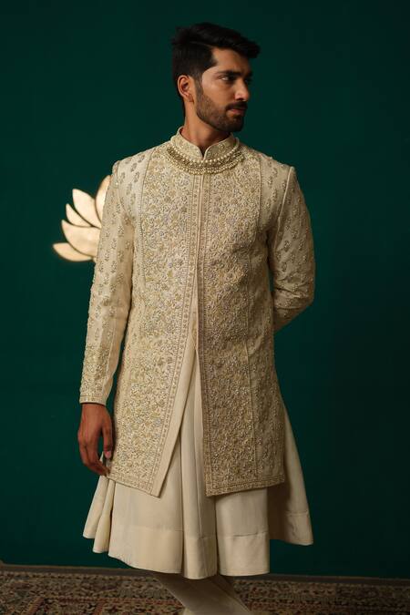 Niloufer By Aasif Ally_Ivory Silk Embroidery, Sequins Zardozi And Sequence Handwork Sherwani Set _at_Aza_Fashions