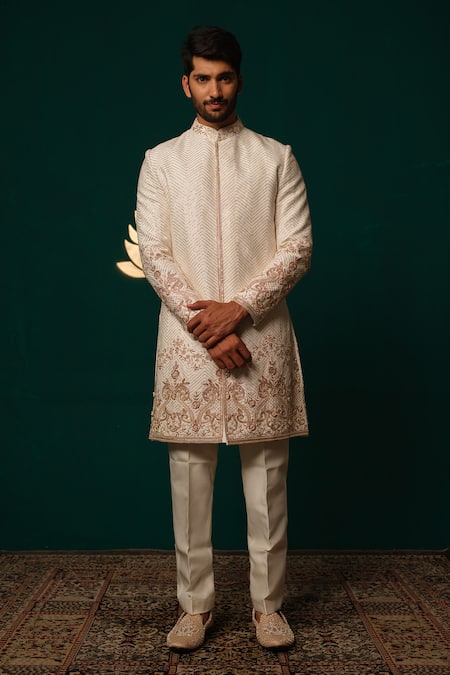 Niloufer By Aasif Ally_White Silk Embroidery, Zari, Stones Cut Dana And Zardozi Handwork Sherwani & Pant _Online_at_Aza_Fashions