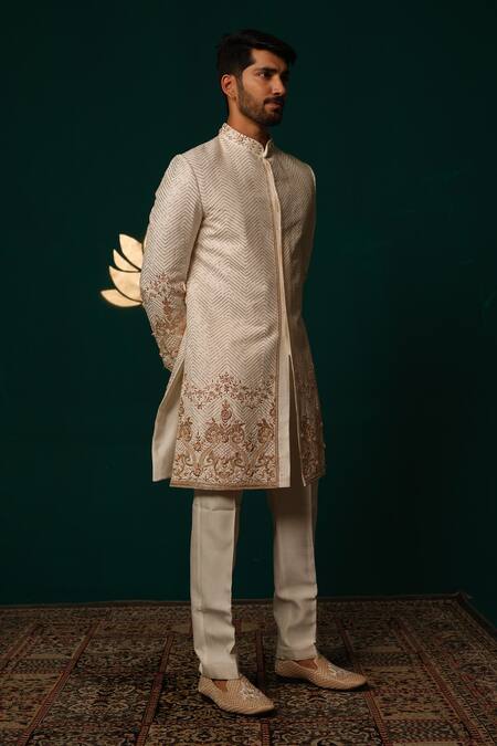 Buy_Niloufer By Aasif Ally_White Silk Embroidery, Zari, Stones Cut Dana And Zardozi Handwork Sherwani & Pant _Online_at_Aza_Fashions