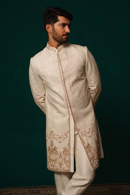Shop_Niloufer By Aasif Ally_White Silk Embroidery, Zari, Stones Cut Dana And Zardozi Handwork Sherwani & Pant _Online_at_Aza_Fashions