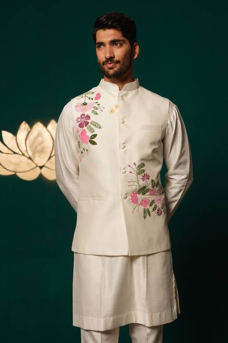 Niloufer By Aasif Ally_White Silk Hand-painted Floral Nehru Jacket Kurta Set _Online_at_Aza_Fashions
