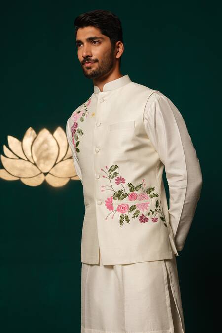 Buy_Niloufer By Aasif Ally_White Silk Hand-painted Floral Nehru Jacket Kurta Set _Online_at_Aza_Fashions
