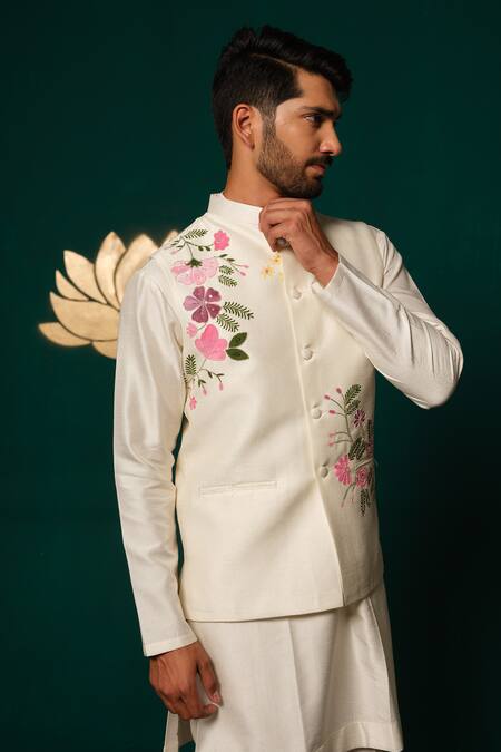 Shop_Niloufer By Aasif Ally_White Silk Hand-painted Floral Nehru Jacket Kurta Set _Online_at_Aza_Fashions