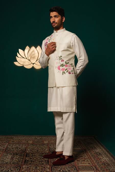 Niloufer By Aasif Ally_White Silk Hand-painted Floral Nehru Jacket Kurta Set _at_Aza_Fashions