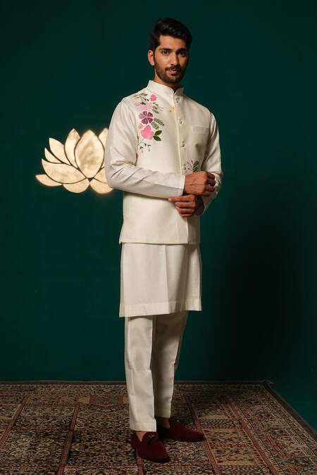 Buy_Niloufer By Aasif Ally_White Silk Hand-painted Floral Nehru Jacket Kurta Set 