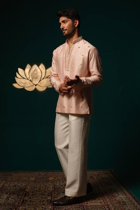 Niloufer By Aasif Ally_Pink Silk Embroidery, Zari Zardozi Handwork Short Kurta And Pant Set _Online_at_Aza_Fashions