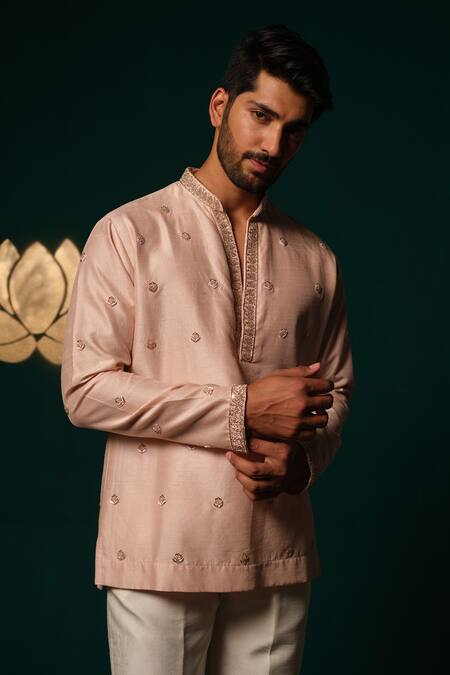 Shop_Niloufer By Aasif Ally_Pink Silk Embroidery, Zari Zardozi Handwork Short Kurta And Pant Set _Online_at_Aza_Fashions