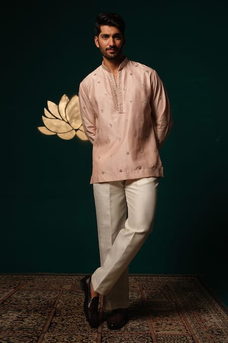 Niloufer By Aasif Ally_Pink Silk Embroidery, Zari Zardozi Handwork Short Kurta And Pant Set _at_Aza_Fashions