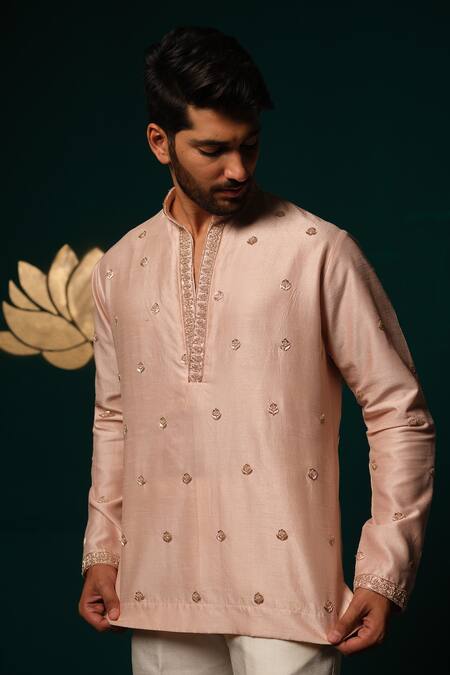 Buy_Niloufer By Aasif Ally_Pink Silk Embroidery, Zari Zardozi Handwork Short Kurta And Pant Set 