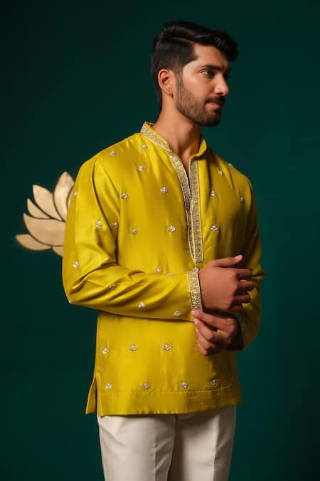 Niloufer By Aasif Ally_Yellow Silk Embroidery Zardozi Handwork Short Kurta And Pant Set _Online_at_Aza_Fashions