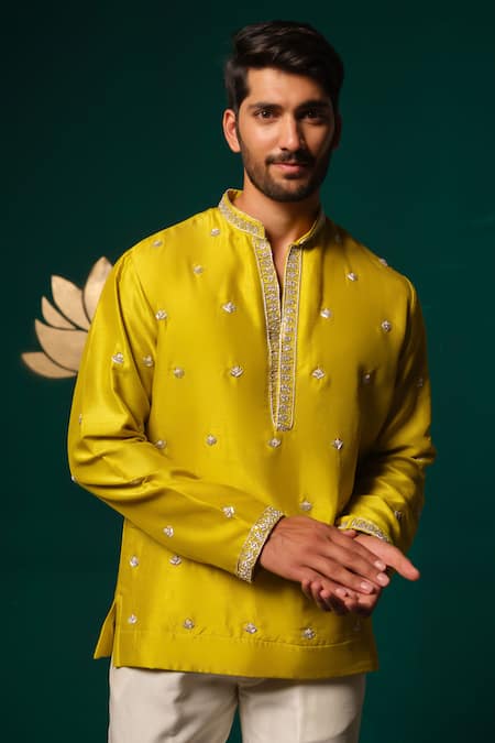 Buy_Niloufer By Aasif Ally_Yellow Silk Embroidery Zardozi Handwork Short Kurta And Pant Set _Online_at_Aza_Fashions