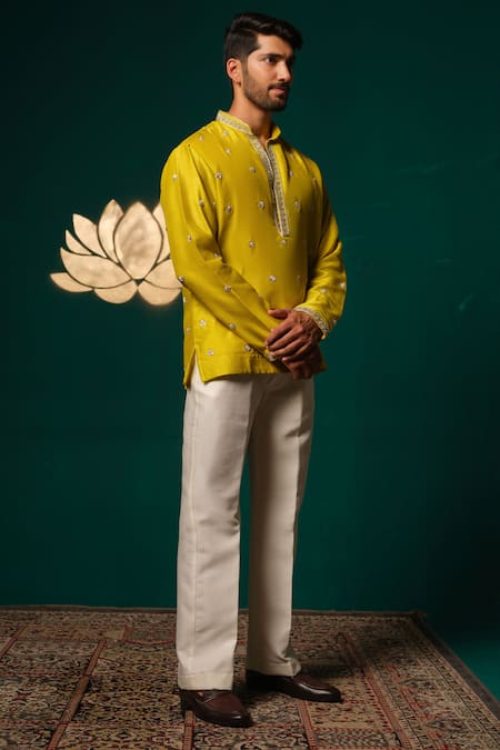 Shop_Niloufer By Aasif Ally_Yellow Silk Embroidery Zardozi Handwork Short Kurta And Pant Set _Online_at_Aza_Fashions