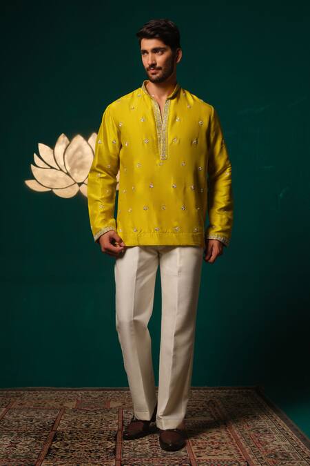 Niloufer By Aasif Ally_Yellow Silk Embroidery Zardozi Handwork Short Kurta And Pant Set _at_Aza_Fashions