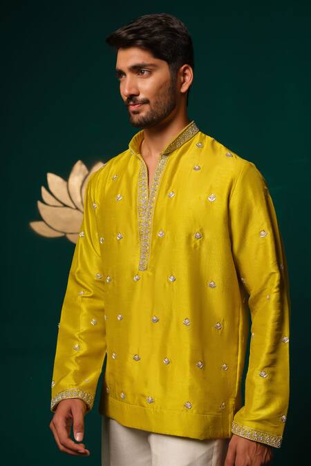 Buy_Niloufer By Aasif Ally_Yellow Silk Embroidery Zardozi Handwork Short Kurta And Pant Set 