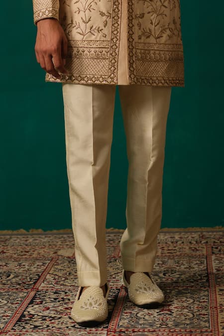 Niloufer By Aasif Ally_Gold Silk Embroidery, Zari Zardozi And Cutdana Sherwani & Pant _Online_at_Aza_Fashions