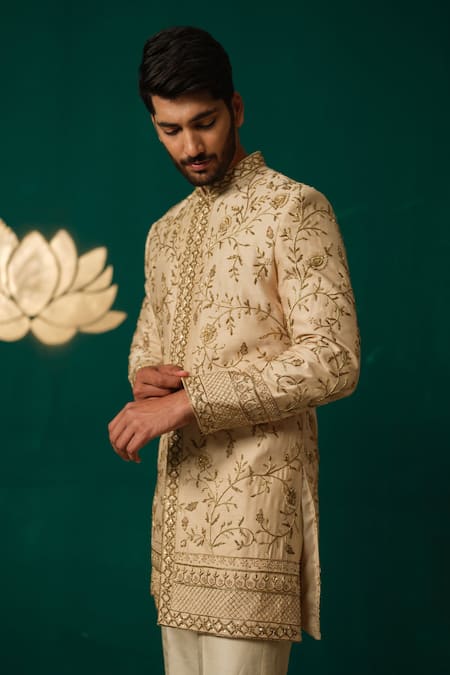 Buy_Niloufer By Aasif Ally_Gold Silk Embroidery, Zari Zardozi And Cutdana Sherwani & Pant _Online_at_Aza_Fashions