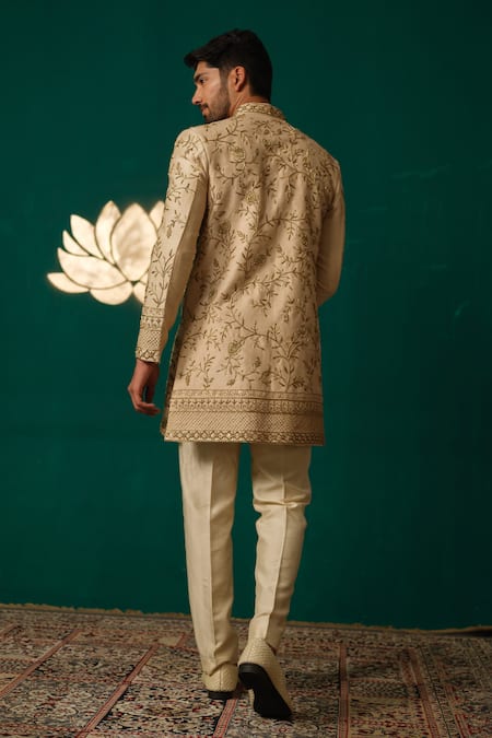 Shop_Niloufer By Aasif Ally_Gold Silk Embroidery, Zari Zardozi And Cutdana Sherwani & Pant _Online_at_Aza_Fashions