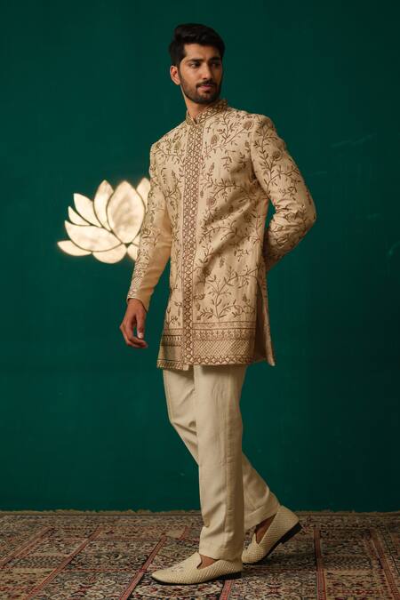 Niloufer By Aasif Ally_Gold Silk Embroidery, Zari Zardozi And Cutdana Sherwani & Pant _at_Aza_Fashions