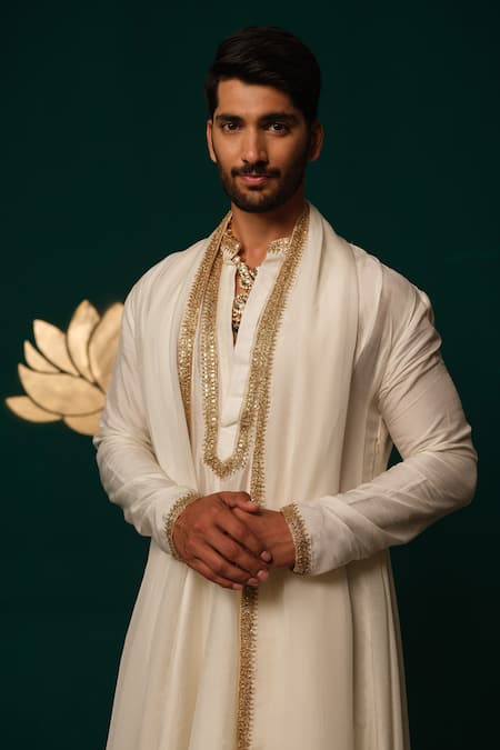 Niloufer By Aasif Ally_Ivory Silk Embroidery, Zari Zardozi Angrakha Kurta Set _Online_at_Aza_Fashions