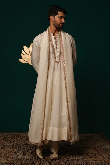 Buy_Niloufer By Aasif Ally_Ivory Silk Embroidery, Zari Zardozi Angrakha Kurta Set _Online_at_Aza_Fashions
