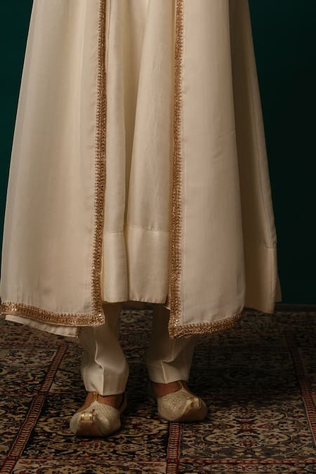 Niloufer By Aasif Ally_Ivory Silk Embroidery, Zari Zardozi Angrakha Kurta Set _at_Aza_Fashions