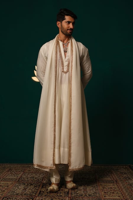 Buy_Niloufer By Aasif Ally_Ivory Silk Embroidery, Zari Zardozi Angrakha Kurta Set 