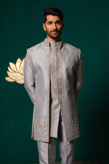 Niloufer By Aasif Ally_Gray Silk Embroidery, Stones, Sequins Zardozi And Cut Dana Handwork Sherwani Set _Online_at_Aza_Fashions