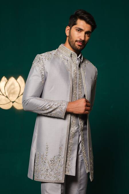Buy_Niloufer By Aasif Ally_Gray Silk Embroidery, Stones, Sequins Zardozi And Cut Dana Handwork Sherwani Set _Online_at_Aza_Fashions