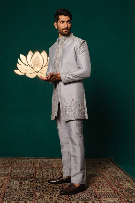 Shop_Niloufer By Aasif Ally_Gray Silk Embroidery, Stones, Sequins Zardozi And Cut Dana Handwork Sherwani Set _Online_at_Aza_Fashions